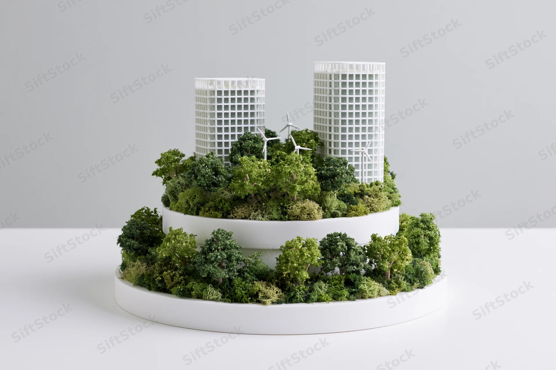 Tiered architectural model of a sustainable green city with trees and wind turbines on white platforms