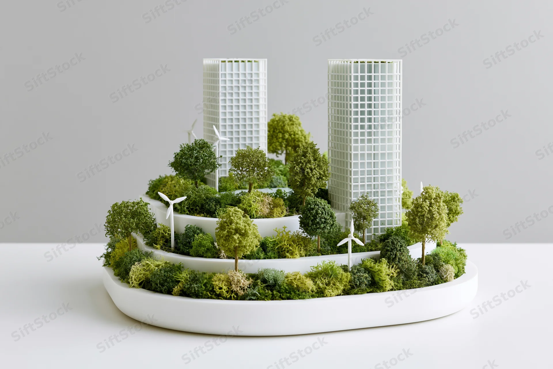 Miniature sustainable city model with greenery and wind turbines on white base