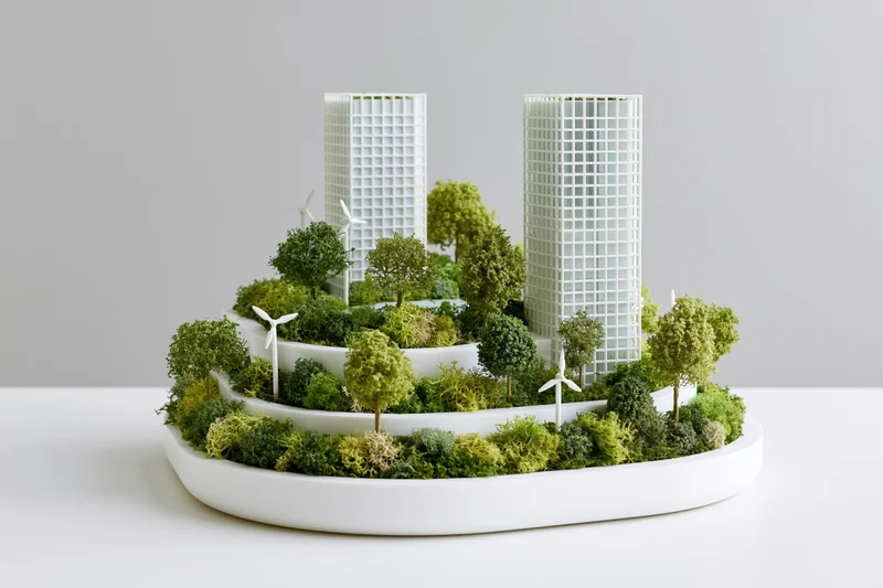 Miniature sustainable city model with greenery and wind turbines on white base