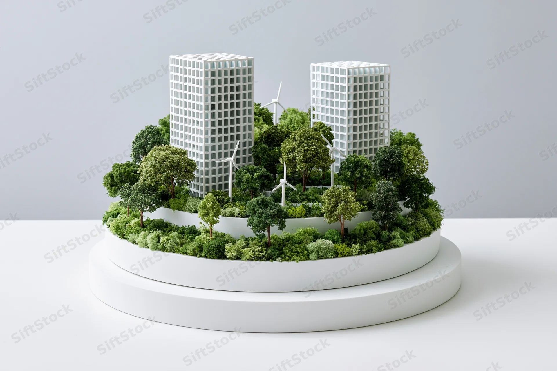 Architectural model of a sustainable green city with trees and wind turbines on a white platform