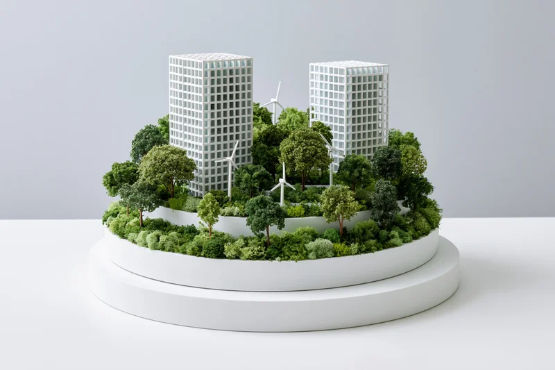 Architectural model of a sustainable green city with trees and wind turbines on a white platform