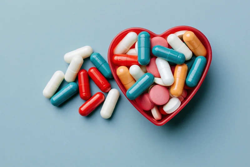 Assorted pharmaceutical capsules and tablets spilling from a red heart-shaped container on a blue surface