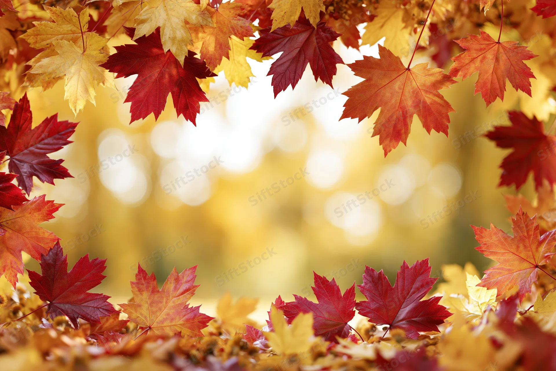 Maple leaves arranged as a natural border frame in autumn foliage setting
