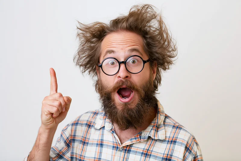 Bearded man with wild hair and round glasses pointing upward in surprise against white background