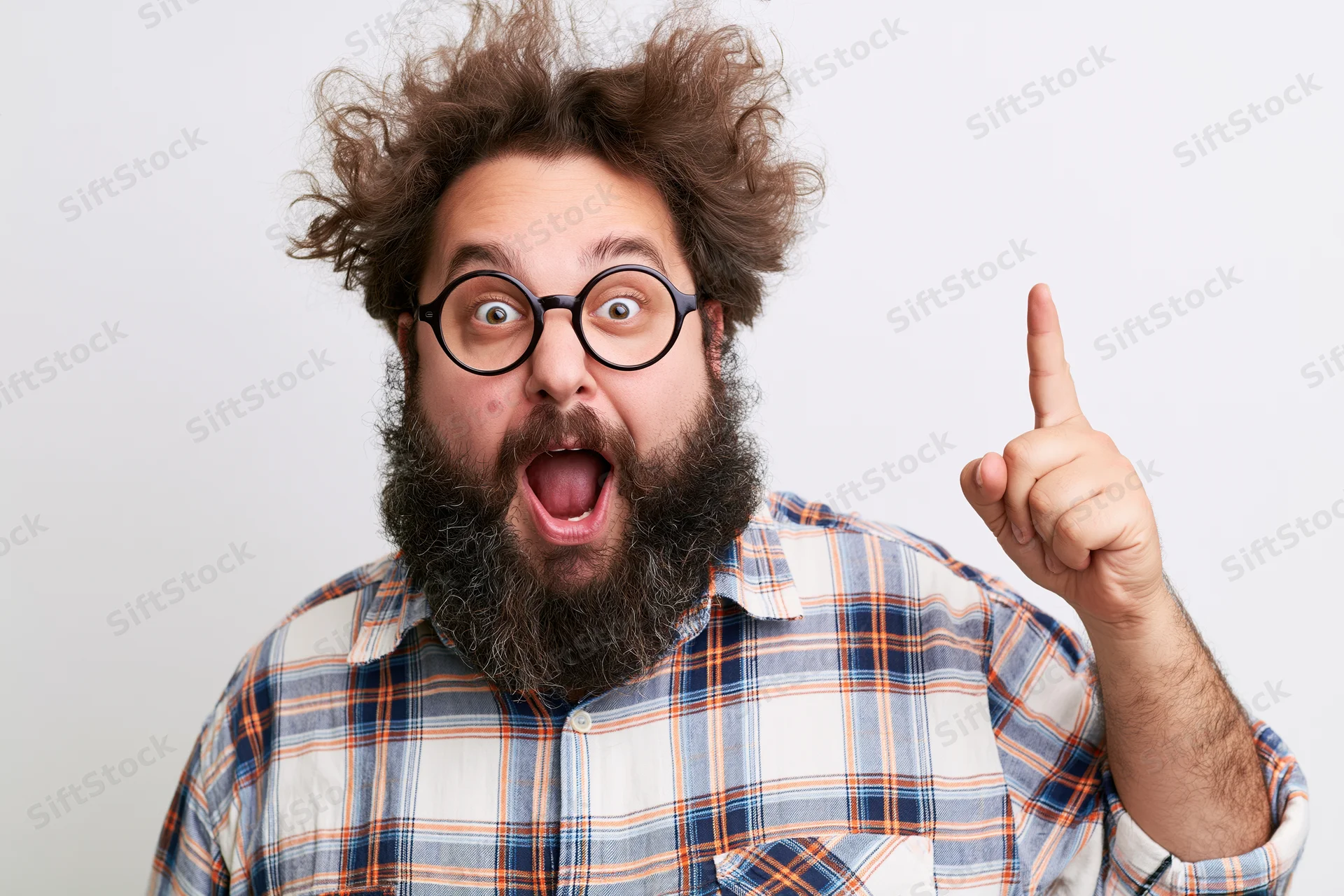 Bearded man with wild messy hair and round thick-framed glasses pointing upward in surprise, studio shot against white background