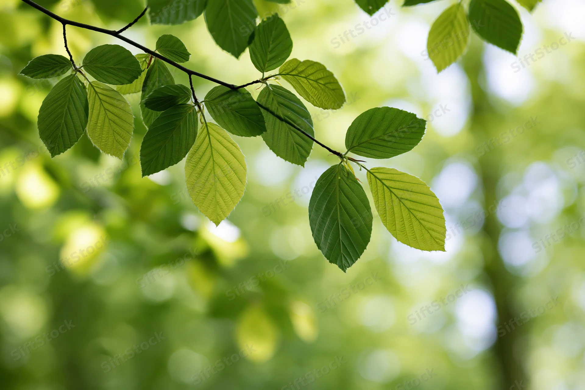 Beech tree branch with fresh green leaves hanging in soft daylight outdoors