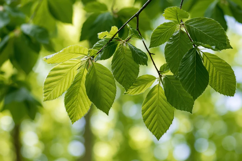 Beech tree branch with fresh green leaves hanging in soft daylight outdoors