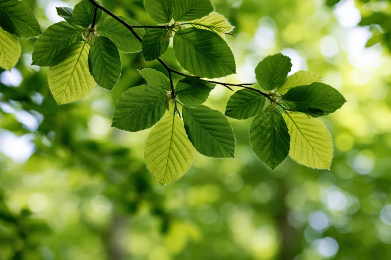 Beech tree branch with fresh green leaves hanging in soft dappled sunlight in a forest setting