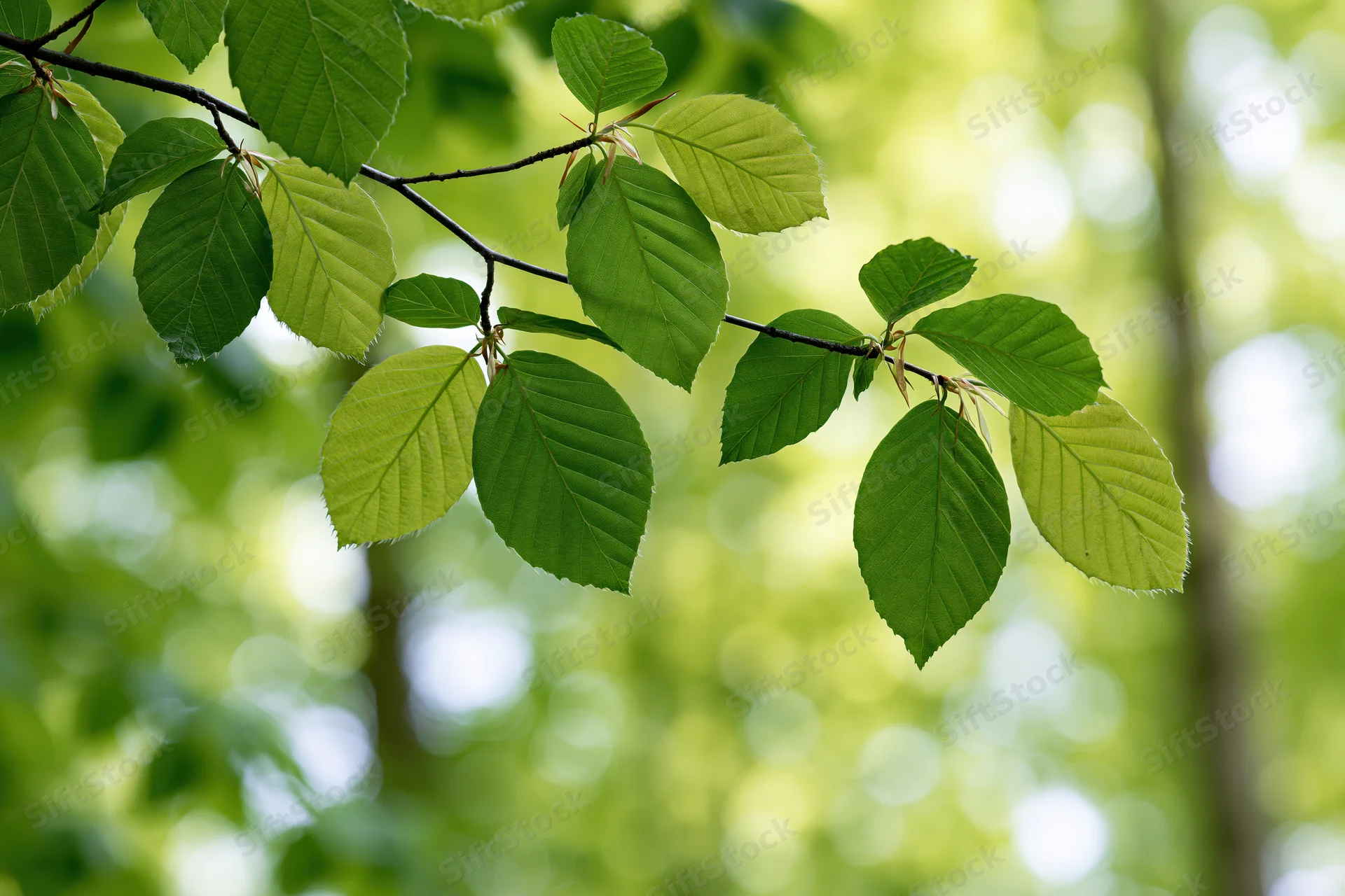 Beech tree branch with fresh green leaves hanging in soft dappled light in a forest setting