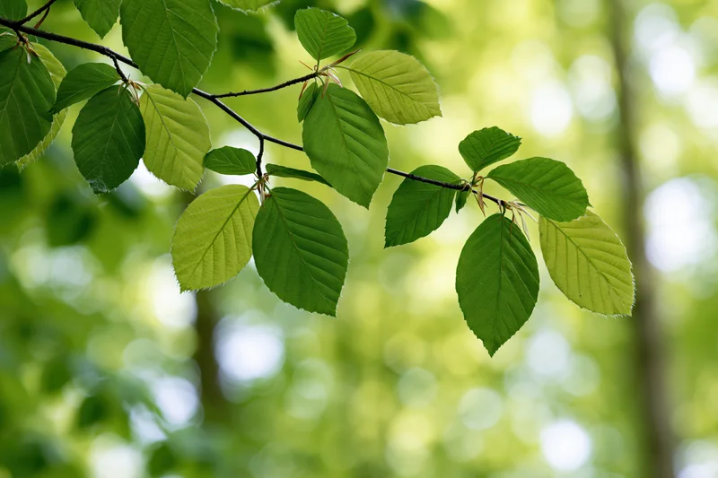 Beech tree branch with spring leaves hanging in soft daylight