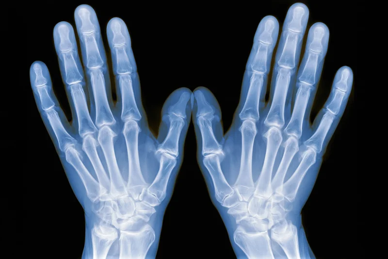 Bilateral xray of human hands showing bones and joints against black background