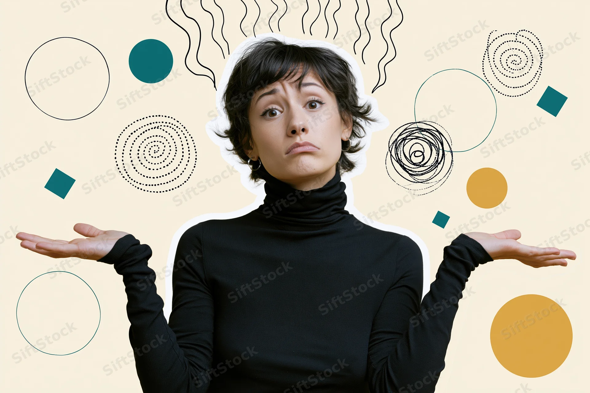 Frustrated woman shrugging with abstract shapes around her head