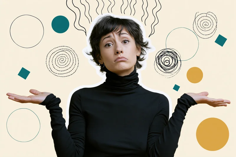 Frustrated woman shrugging with abstract shapes around her head
