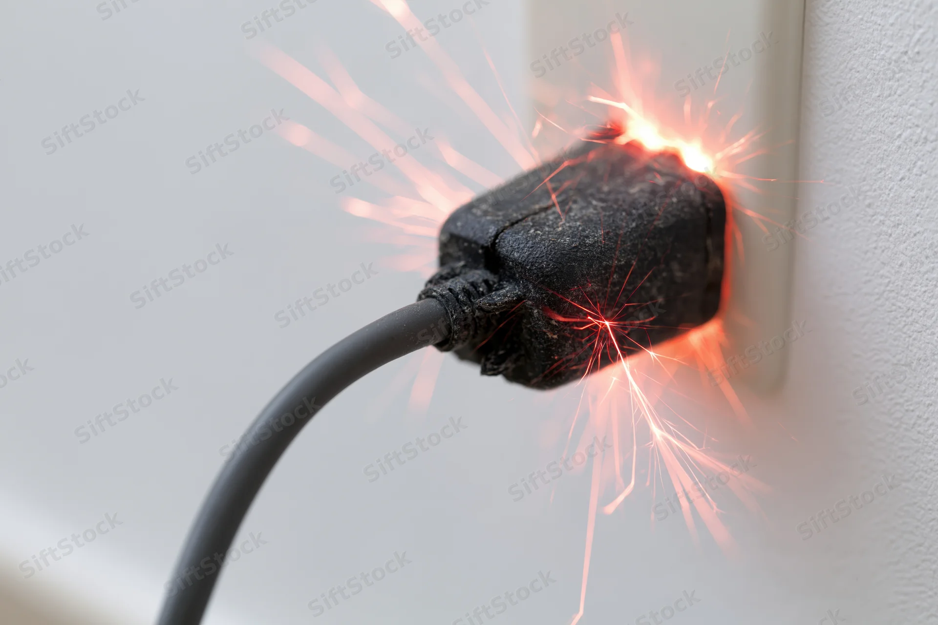 Black electrical plug sparking in white wall socket