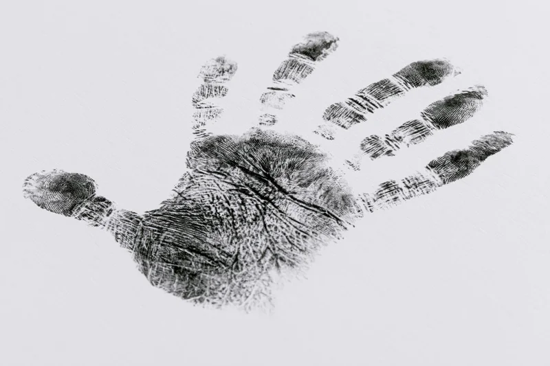Black ink handprint of a child pressed onto white paper