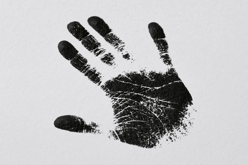 Black ink handprint stamped on white paper showing fingers and palm