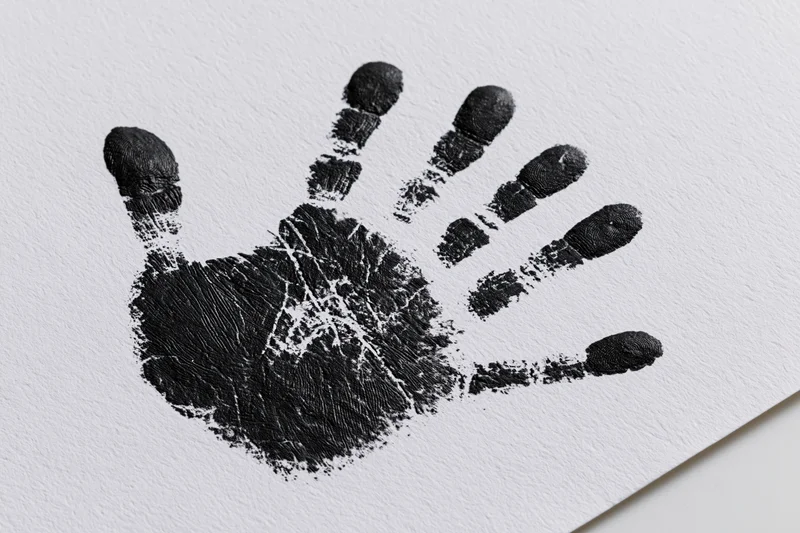 Black ink handprint stamped on textured white paper with visible fingerprints and palm details