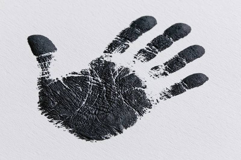 Black ink handprint stamped on white textured paper showing detailed fingerprints and palm lines