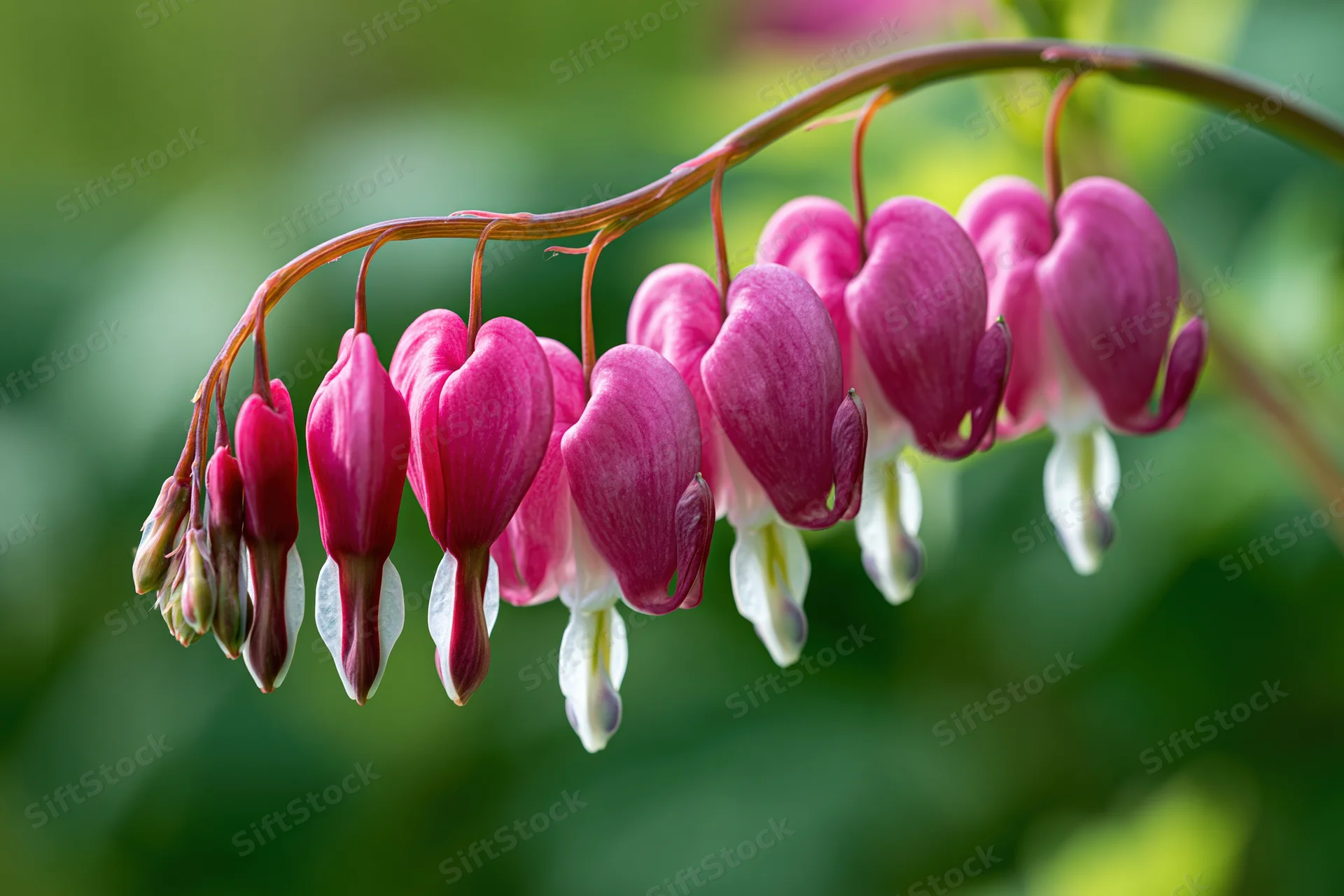 Bleeding heart flowers hanging from a curved stem in a garden setting