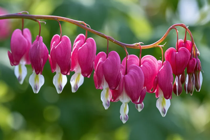 Bleeding heart flowers hanging from a stem in a garden setting