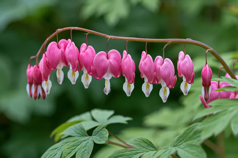 Bleeding heart flowers hanging in a delicate arching row from a stem with green leaves below