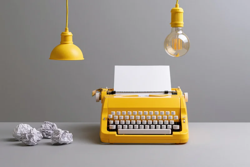 Bright yellow vintage typewriter with blank paper and crumpled sheets on a gray desk under hanging lamps