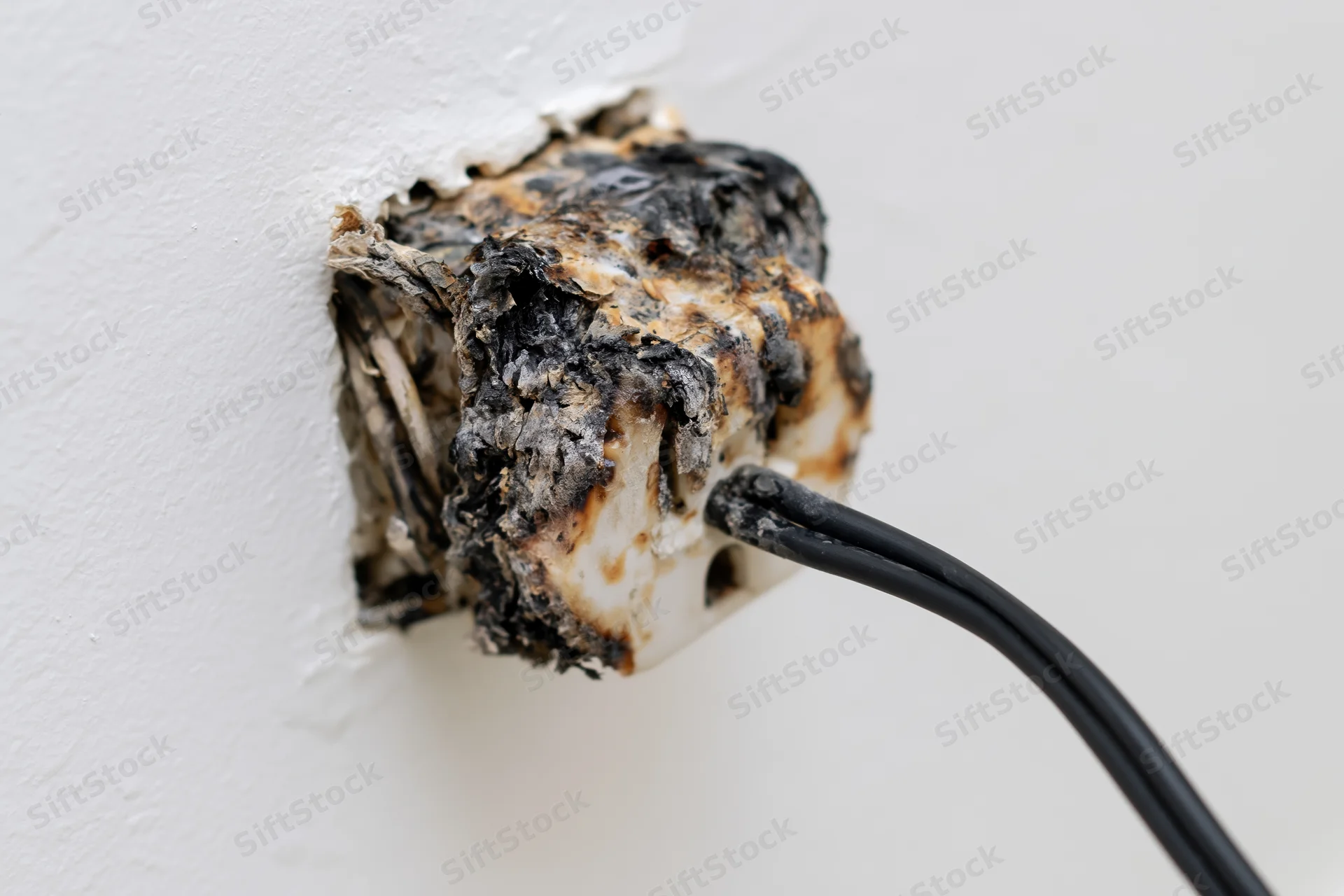Burned and melted electrical outlet in a white wall with a black cord plugged in