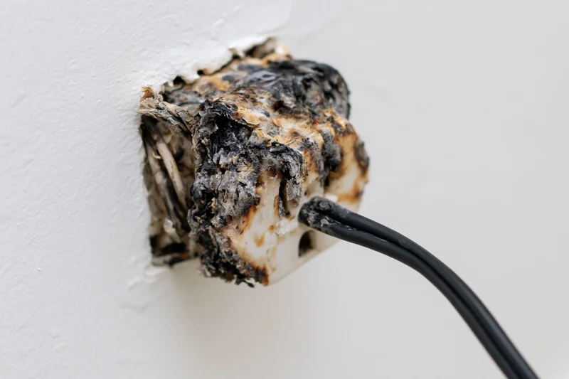 Burned and melted electrical outlet in a white wall with a black cord plugged in