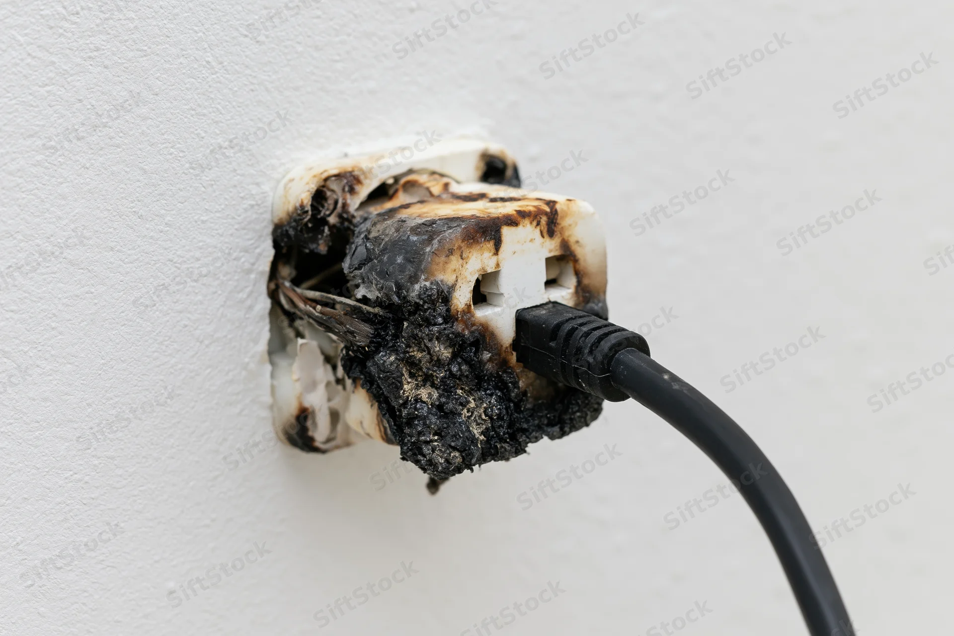 Burned and melted electrical outlet with black power cord plugged in on white wall