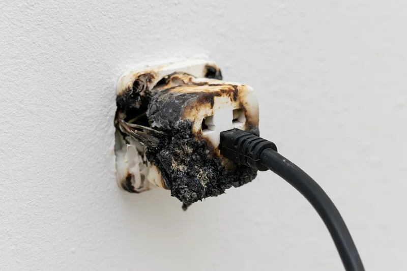 Burned and melted electrical outlet with black power cord plugged in on white wall