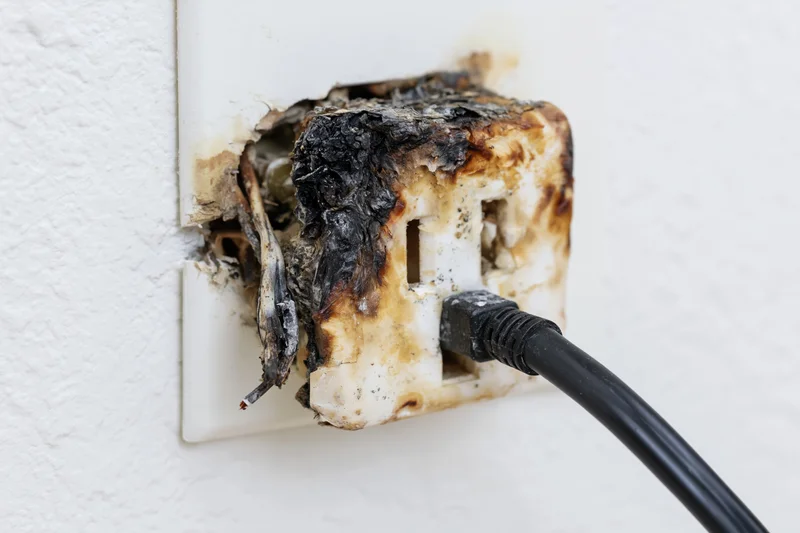 Burned and melted electrical outlet with black cord plugged in on white wall