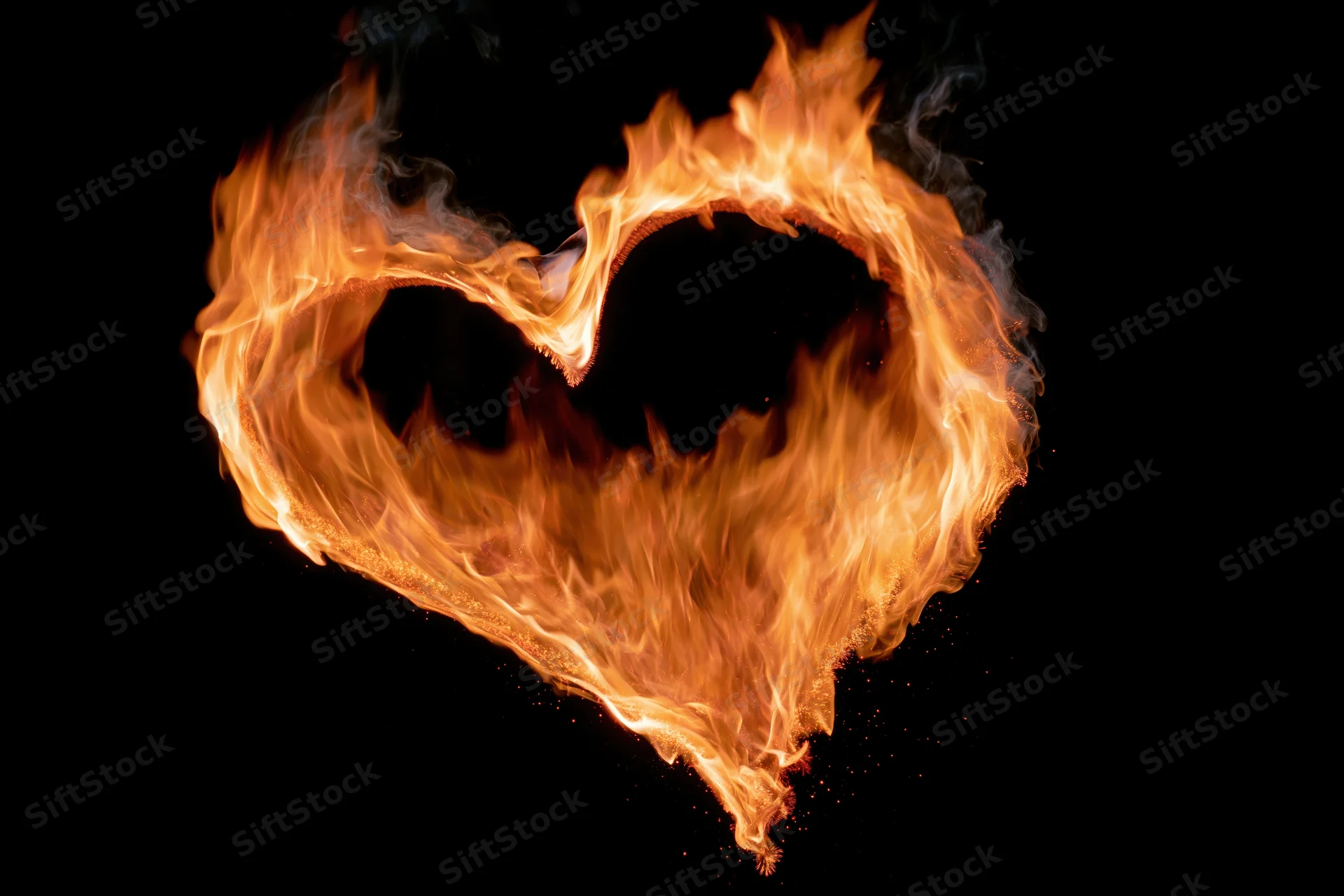 Heart-shaped flames burning against a black background