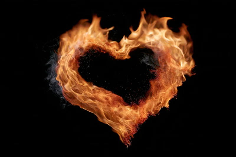 Heart-shaped flames burning against a black background