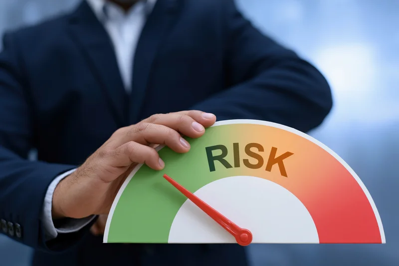 Businessman holding risk gauge with needle pointing to green zone