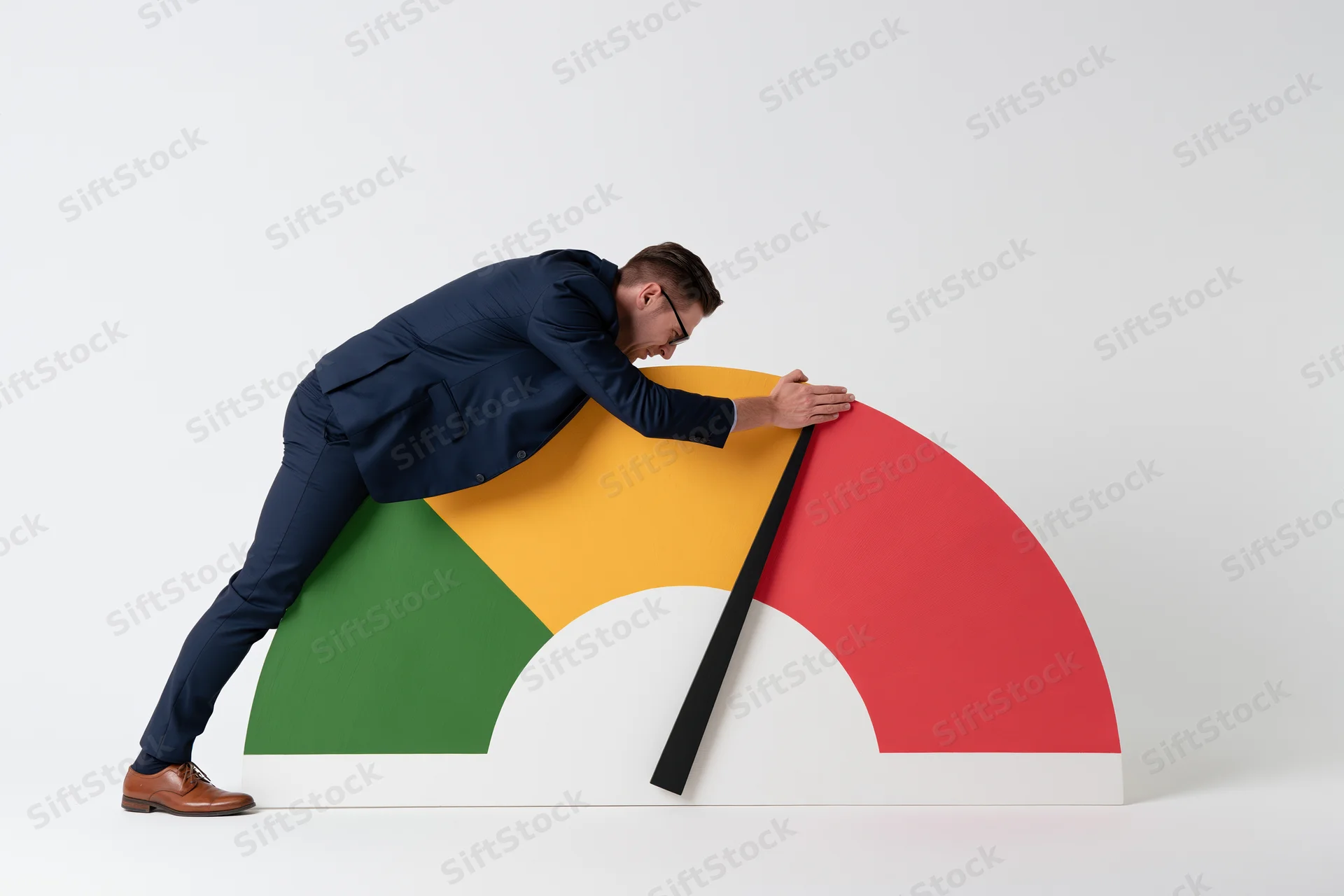 Businessman in navy suit pushing large gauge meter in studio setting