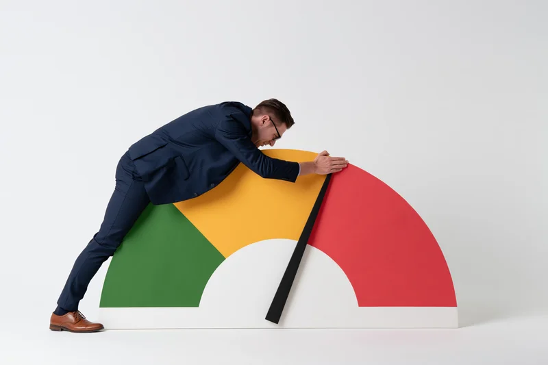 Businessman in navy suit pushing large gauge meter in studio setting