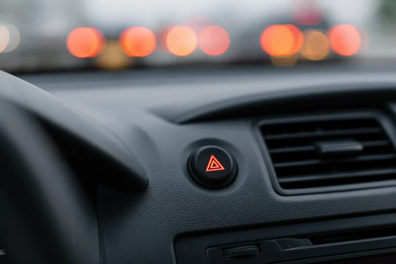Close-up of car dashboard console showing illuminated hazard light button and air vent with blurred traffic lights in background