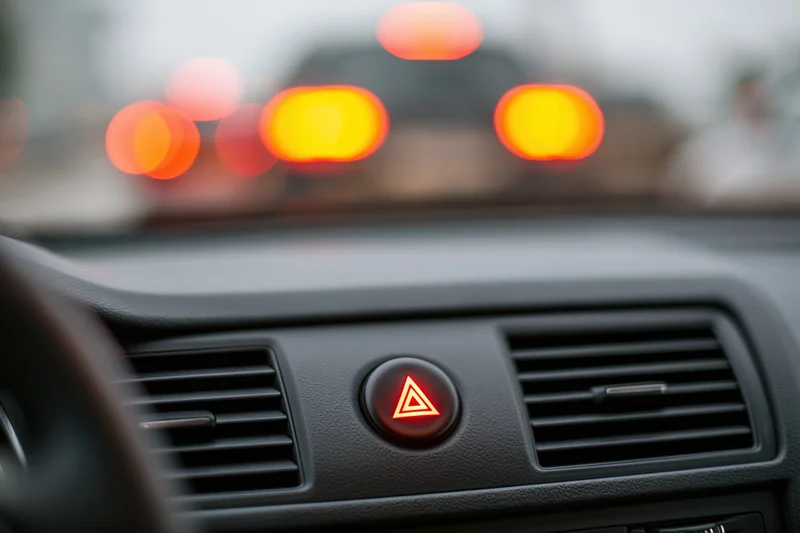 Illuminated hazard warning button on car dashboard with blurred traffic lights in background