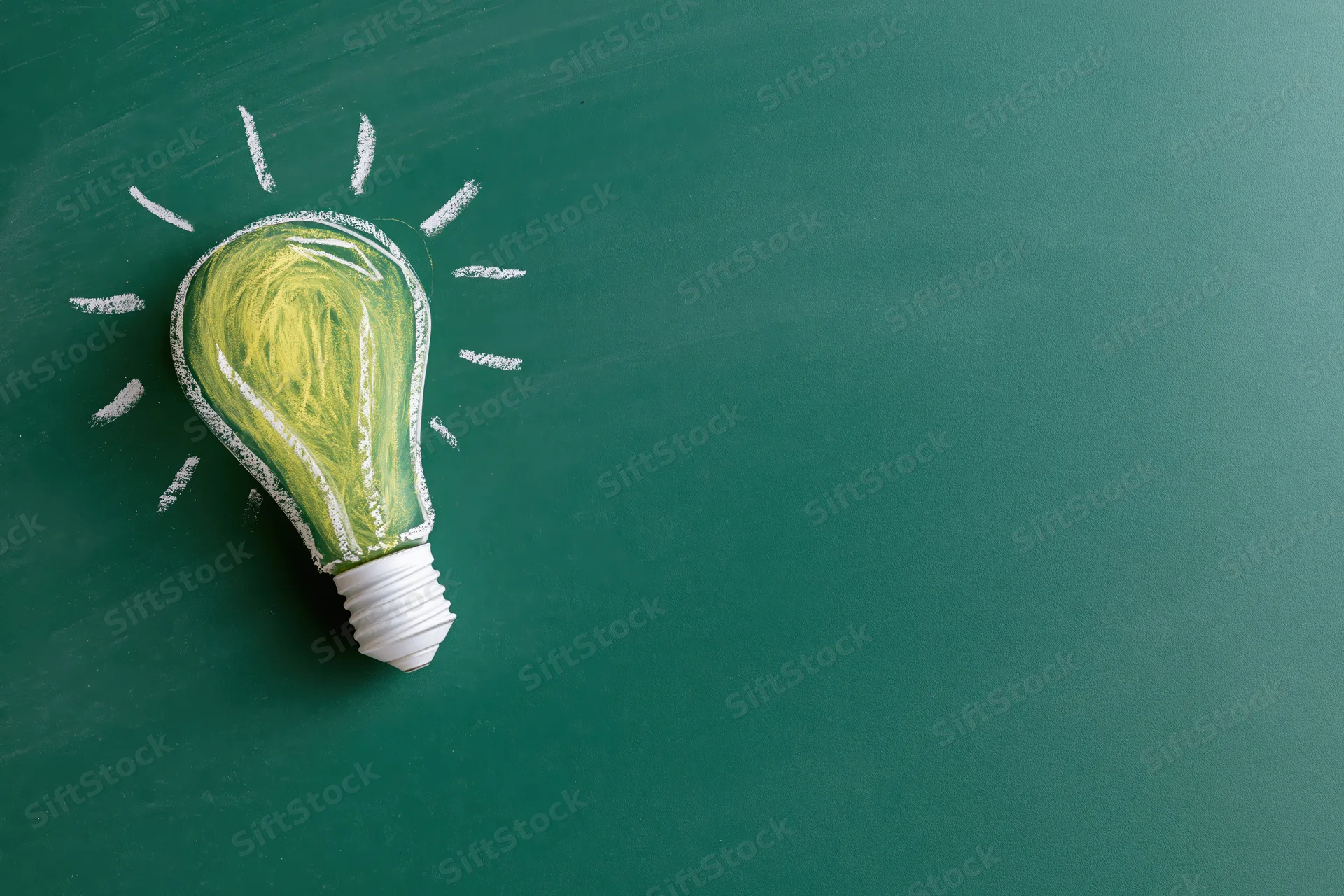 Chalk drawing of a glowing light bulb on a green blackboard surface