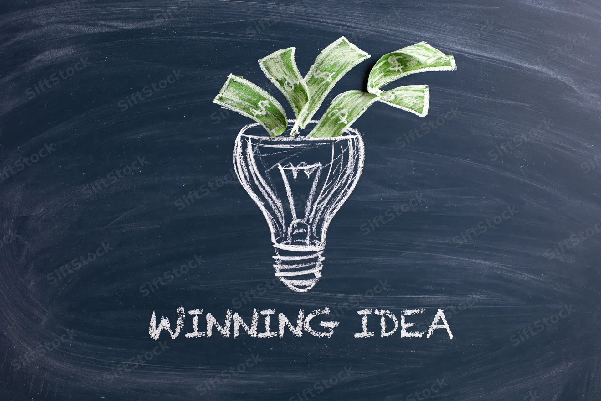Chalk drawing of a lightbulb with money growing from it on a dark navy blackboard, labeled winning idea