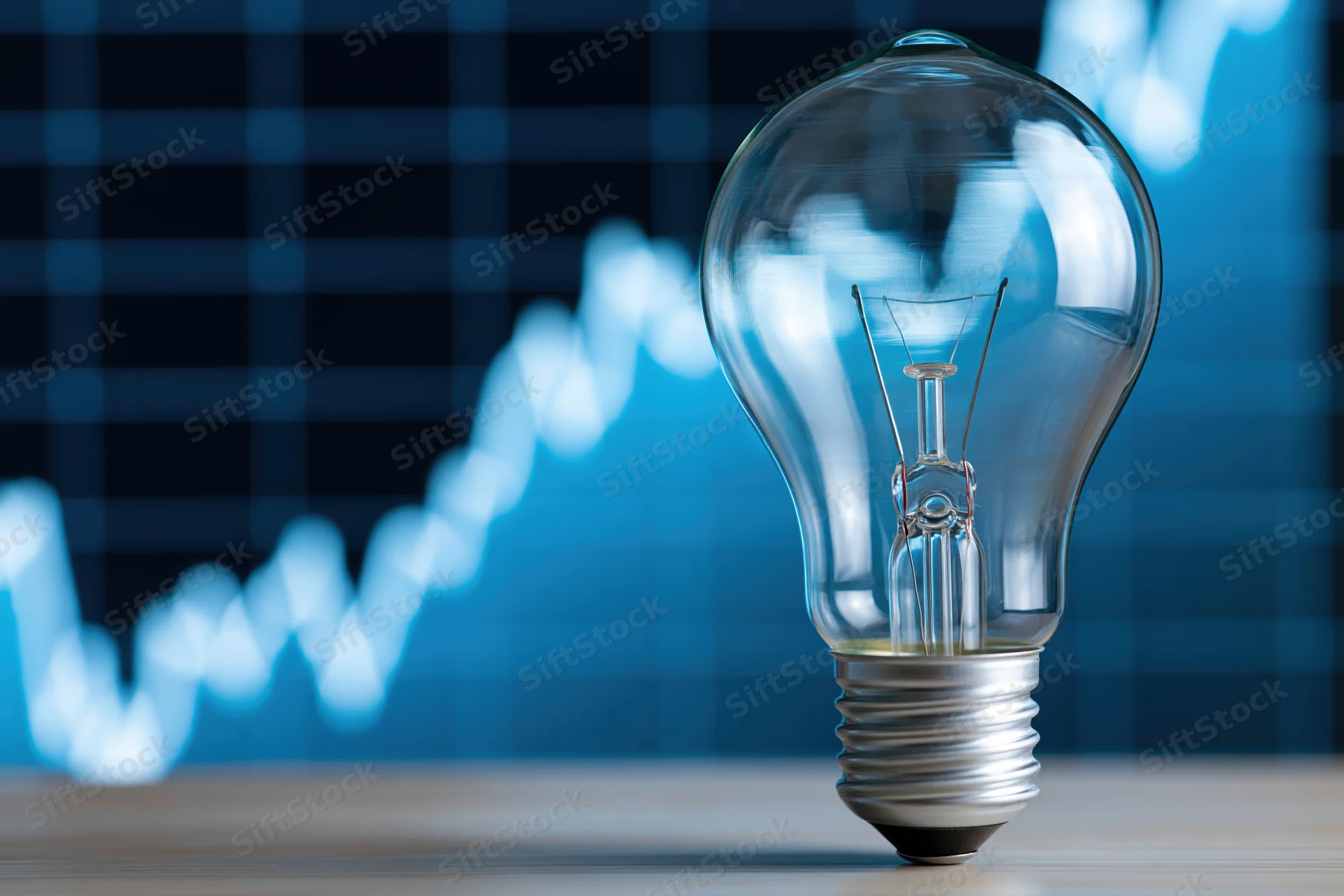 Unlit incandescent lightbulb on wooden surface with blurred blue financial graph in background