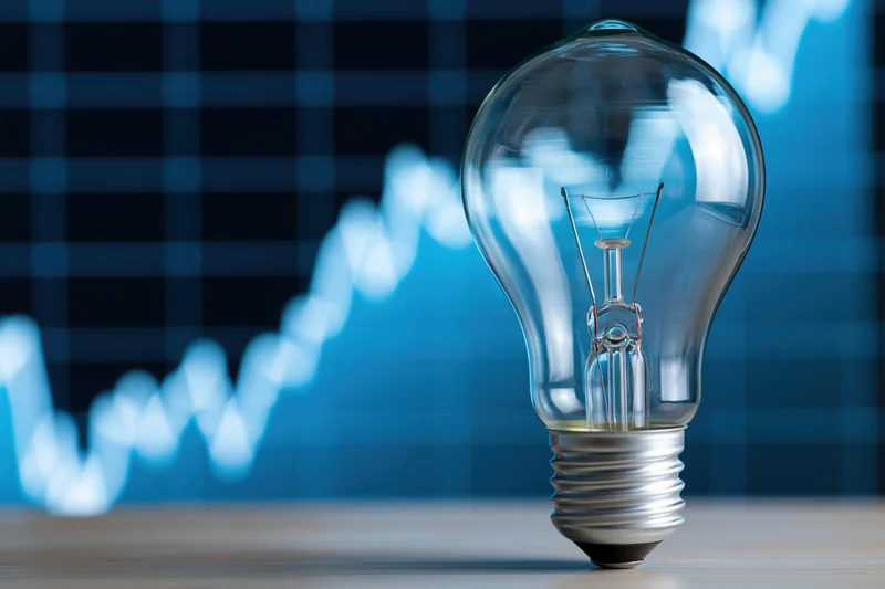 Unlit incandescent lightbulb on wooden surface with blurred blue financial graph in background