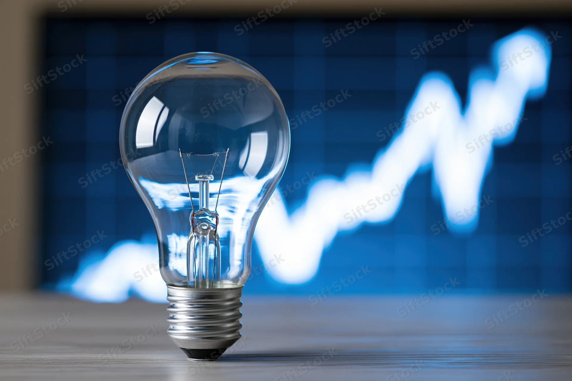 Clear glass lightbulb on a desk with a blurred blue financial graph in the background