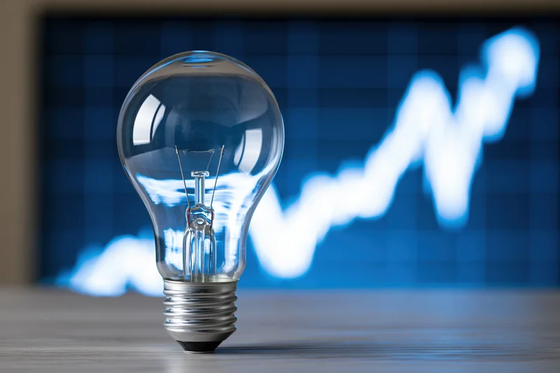 Clear glass lightbulb on a desk with a blurred blue financial graph in the background