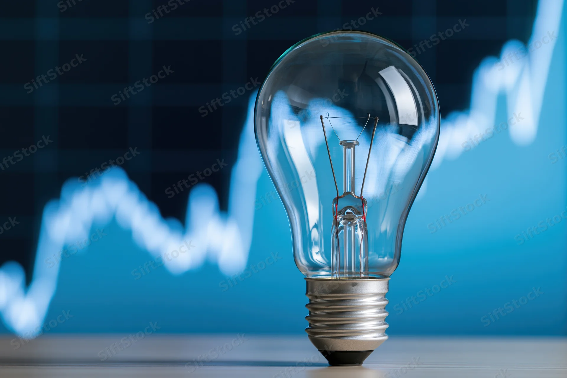 Unlit incandescent lightbulb on a flat surface with a blurred blue financial graph in the background