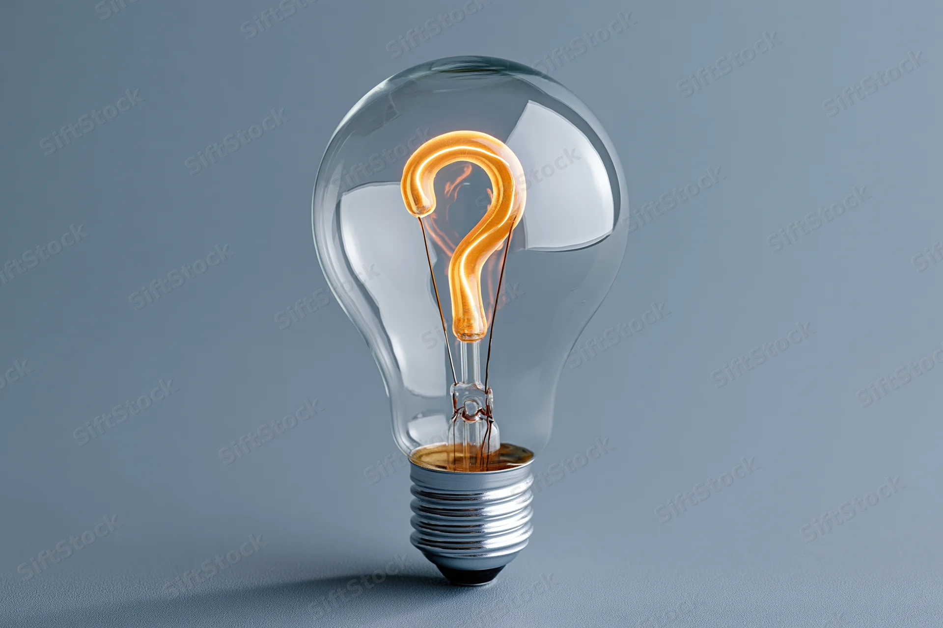 Clear glass incandescent light bulb with glowing orange question mark filament on gray background