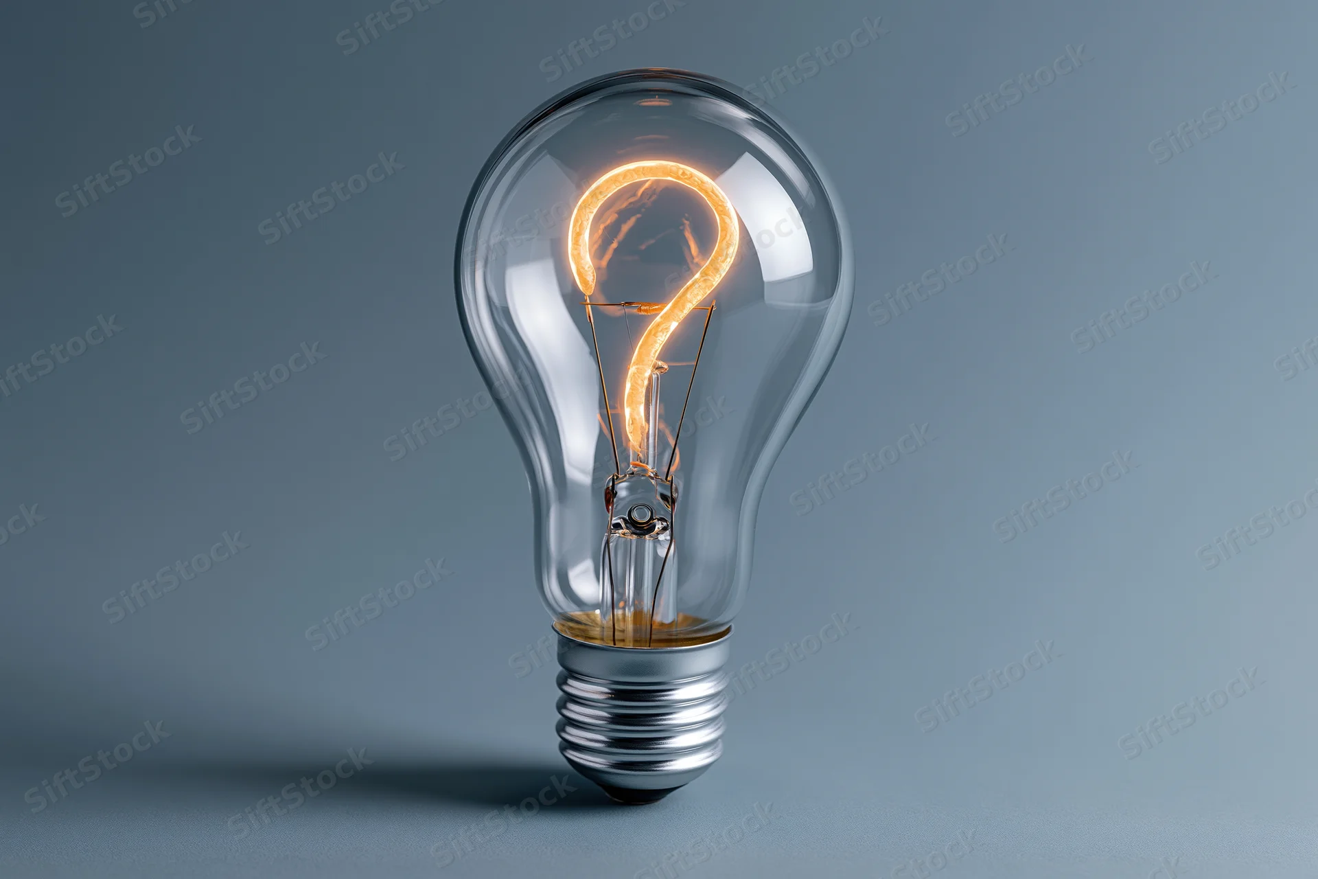 Glowing incandescent lightbulb with question mark filament on a gray background