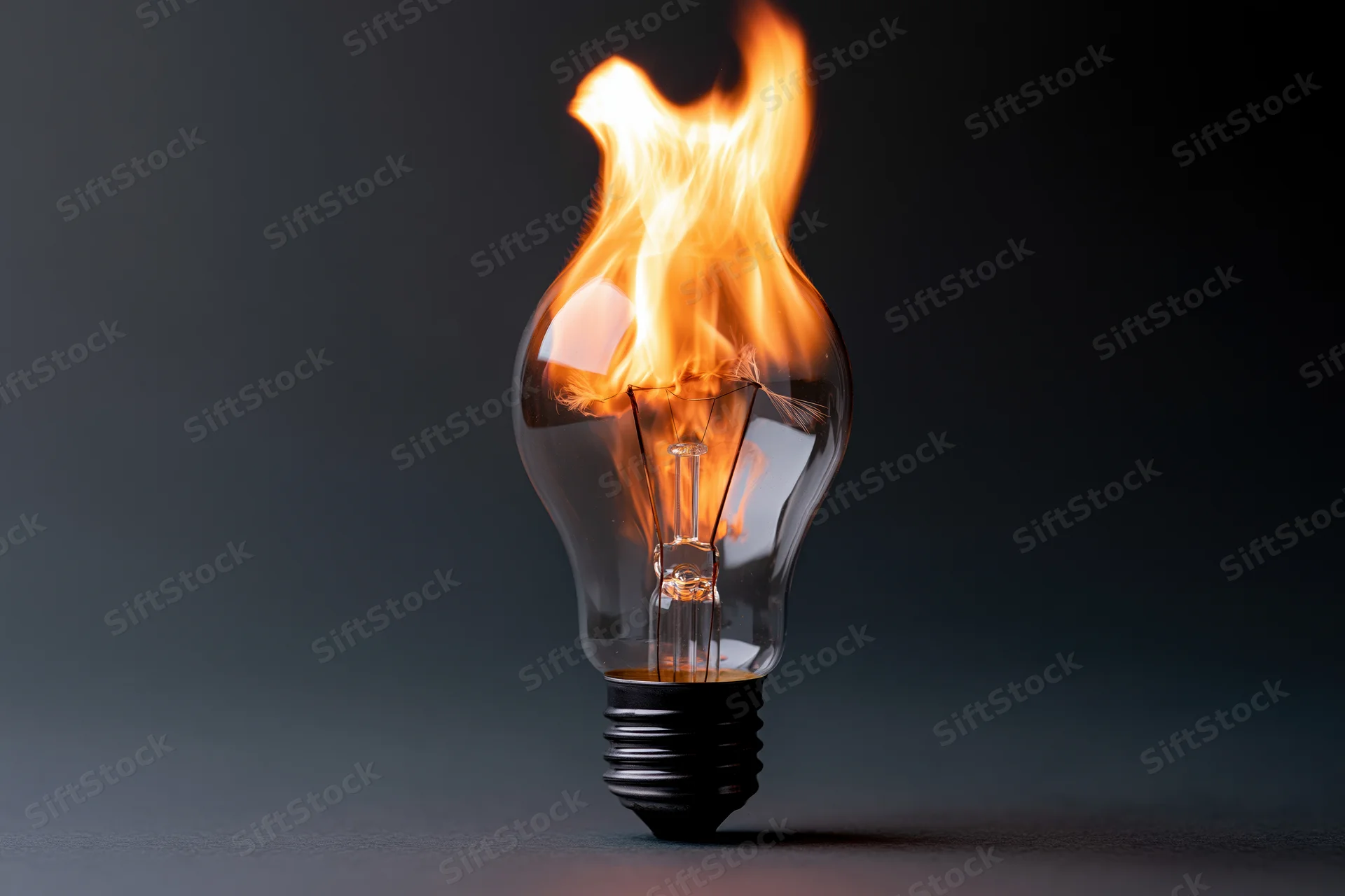 Burning lightbulb with flame inside on dark surface