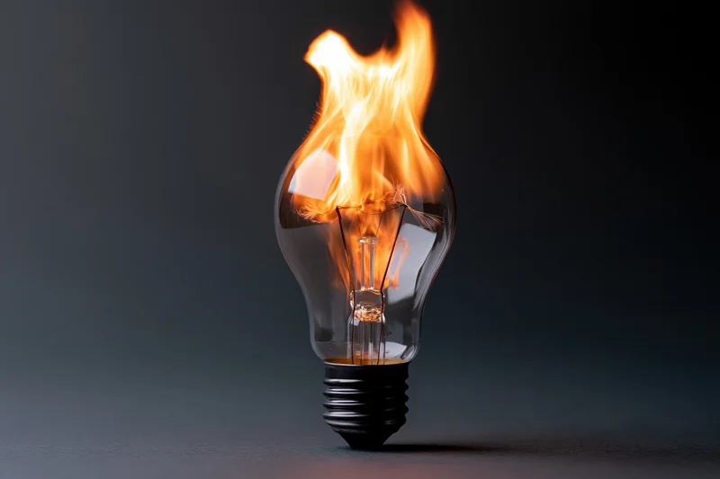 Burning lightbulb with flame inside on dark surface