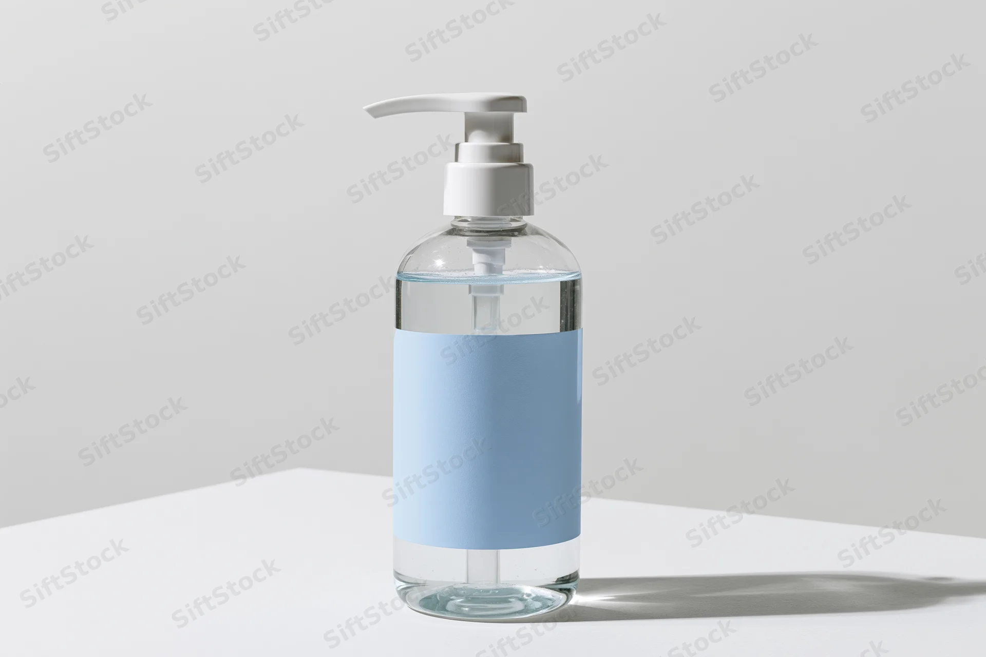 Clear pump-dispenser bottle with light blue label on white surface